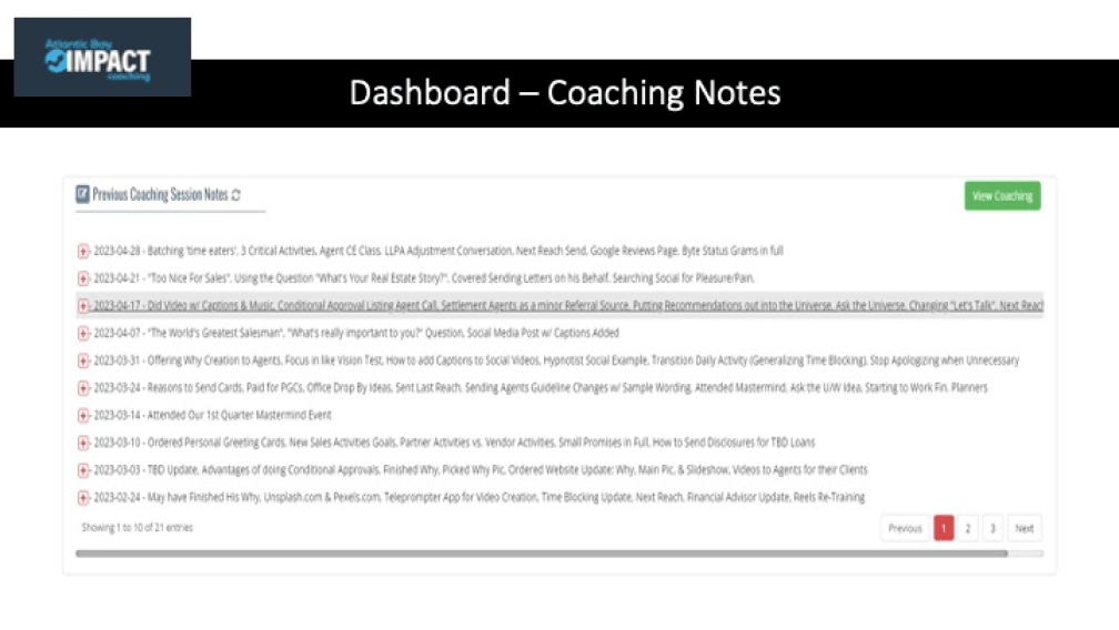 Dashboard - Coaching Notes